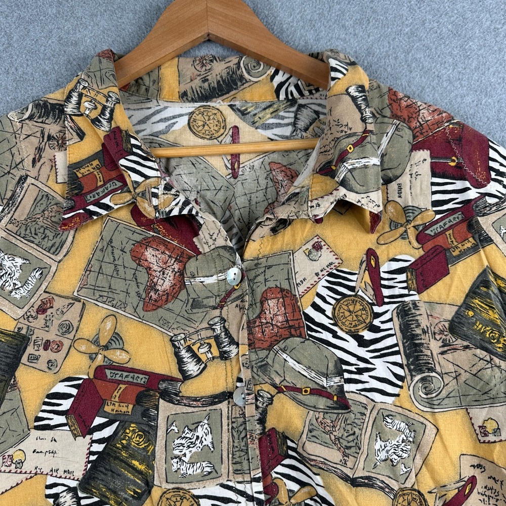 Safari Button Down Shirt Mens XL Yellow Safari Adventure Map Print Short Sleeve